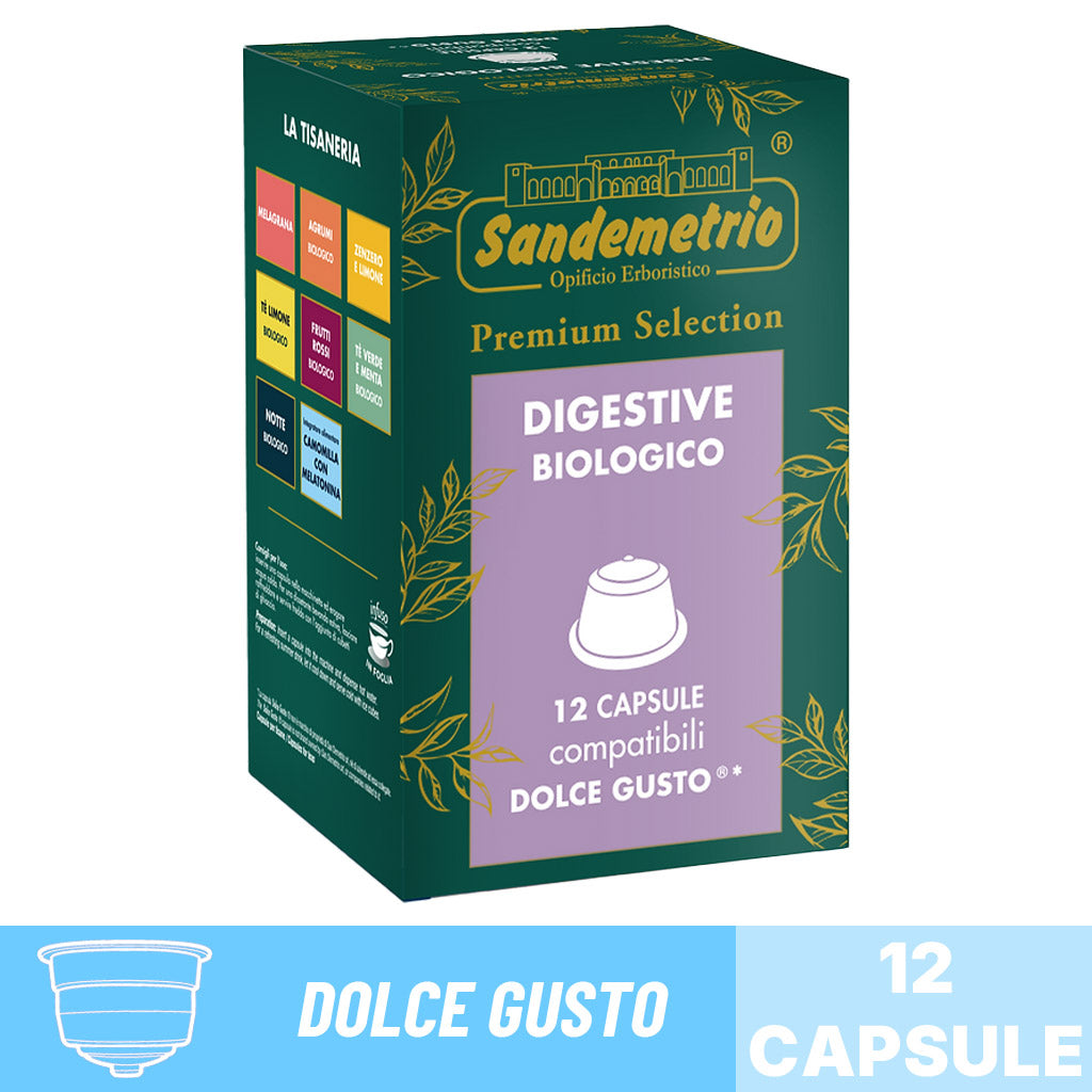 Scatola da 12 capsule compatibili Nescafé Dolce Gusto Sandemetrio Tisana Digestive Biologico Premium Selection.