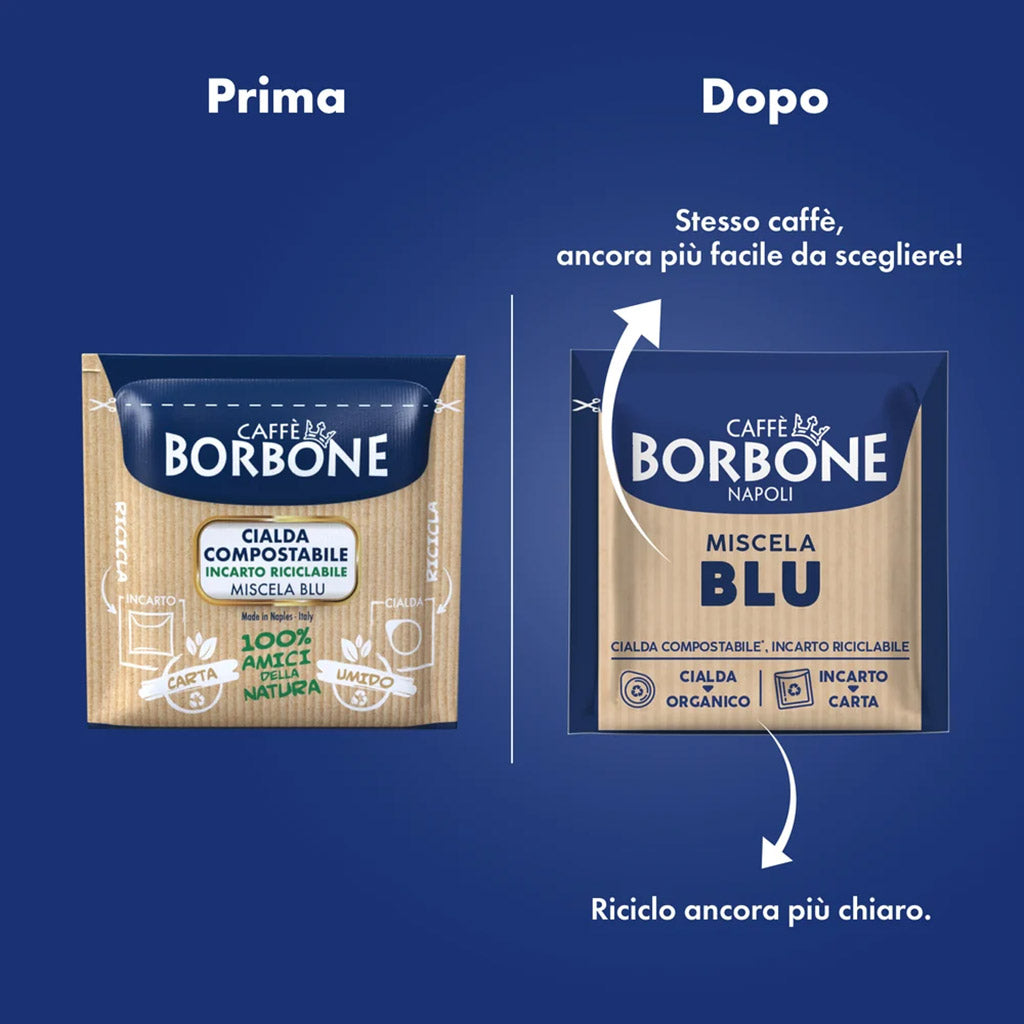 Guida al riciclo cialde Caffè Borbone Blu: confezione con nuovo incarto carta riciclabile e cialda compostabile