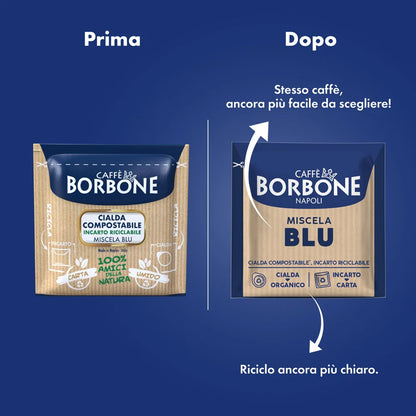 Guida al riciclo cialde Caffè Borbone Blu: confezione con nuovo incarto carta riciclabile e cialda compostabile