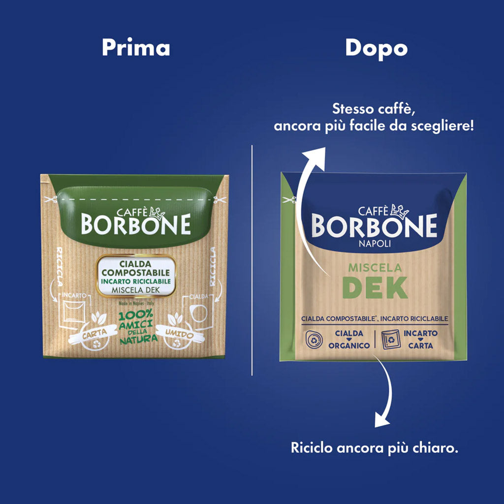 Guida al riciclo cialde Caffè Borbone Dek: nuovo incarto riciclabile nella carta e cialda nell'umido