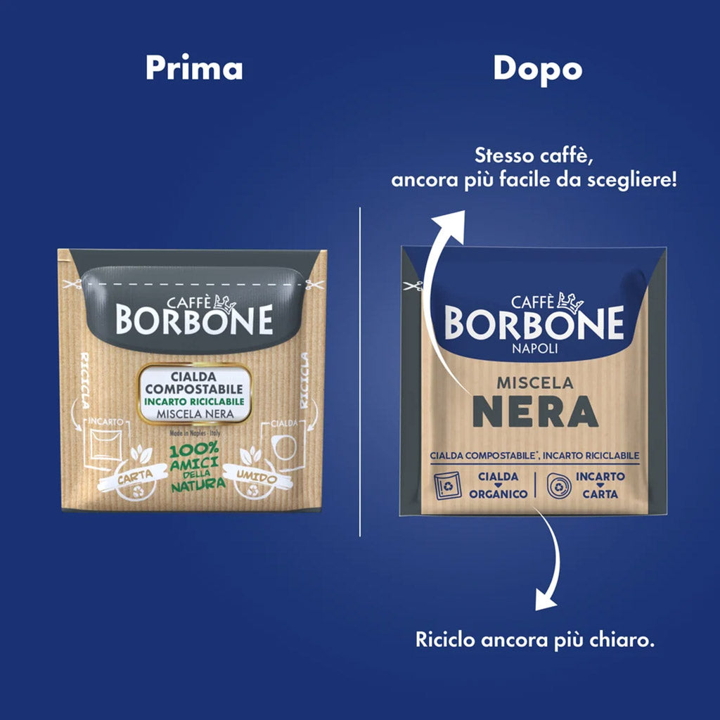 Guida al riciclo cialde Caffè Borbone Nera: nuovo incarto riciclabile nella carta e cialda nell'organico