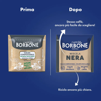 Guida al riciclo cialde Caffè Borbone Nera: nuovo incarto riciclabile nella carta e cialda nell'organico