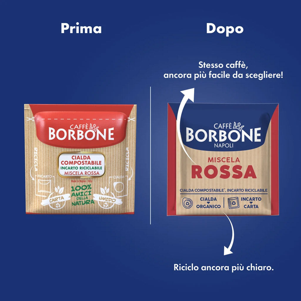 Guida al riciclo cialde Caffè Borbone Rossa: nuovo incarto riciclabile nella carta e cialda nell'organico