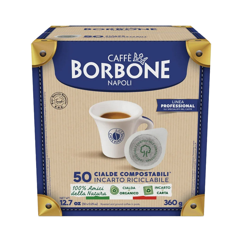 Box 50 cialde filtro carta ESE 44 Caffè Borbone Miscela Nera compostabili con tazzina di caffè