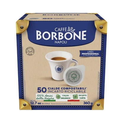 Box 50 cialde filtro carta ESE 44 Caffè Borbone Miscela Nera compostabili con tazzina di caffè