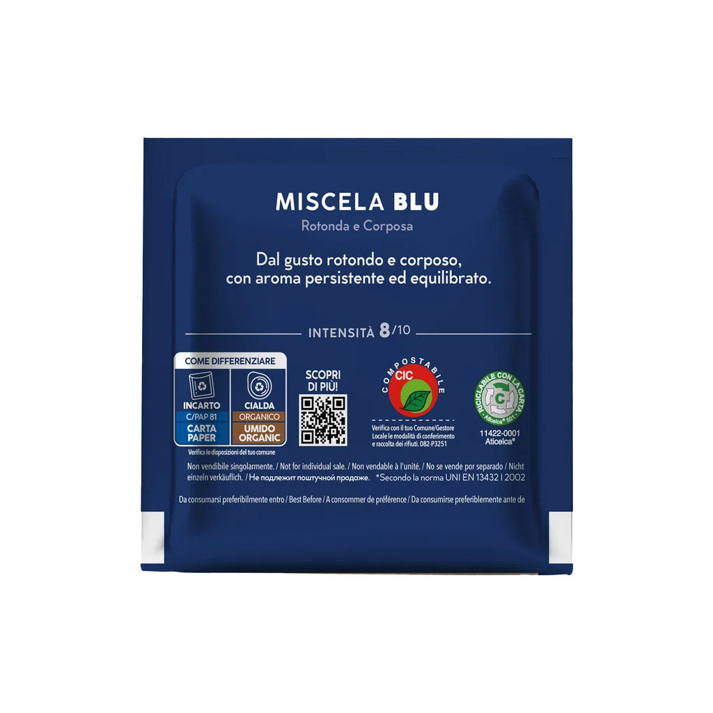 Retro bustina cialda ESE 44 Caffè Borbone Blu: intensità 8/10, note aromatiche e istruzioni riciclo