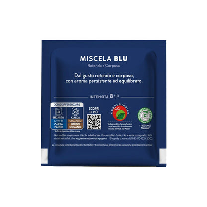 Retro bustina cialda ESE 44 Caffè Borbone Blu: intensità 8/10, note aromatiche e istruzioni riciclo