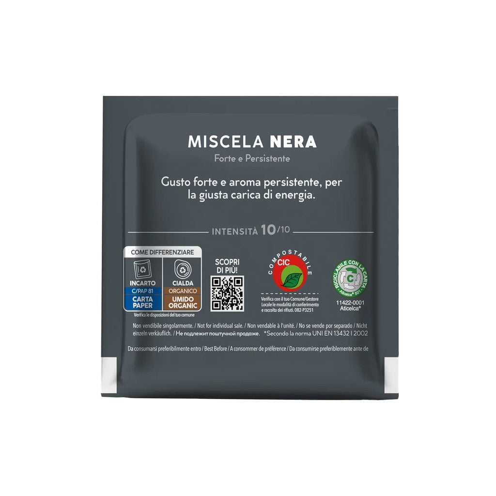 Retro bustina cialda ESE 44 Caffè Borbone Nera: intensità 10/10 e certificazioni smaltimento differenziato