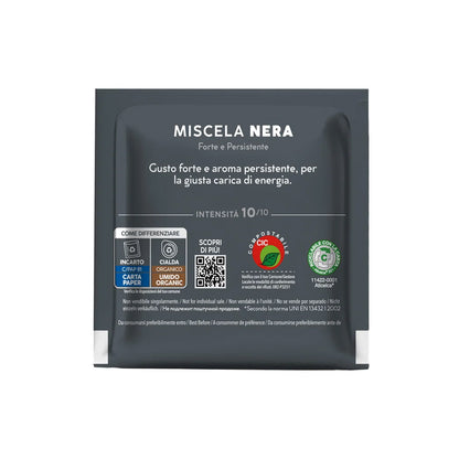 Retro bustina cialda ESE 44 Caffè Borbone Nera: intensità 10/10 e certificazioni smaltimento differenziato