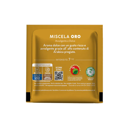 Retro bustina cialda ESE 44 Caffè Borbone Oro: intensità 7/10 e indicazioni smaltimento compostabile