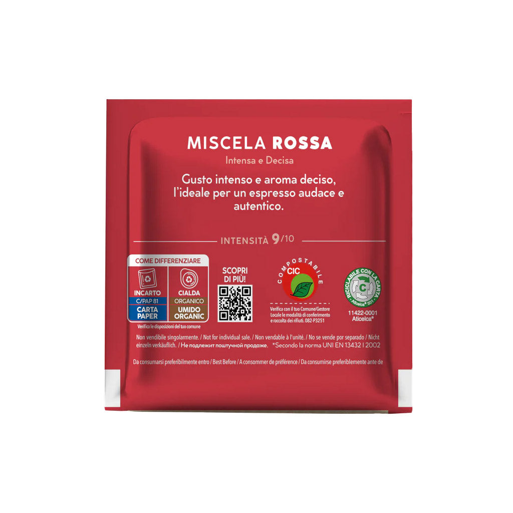 Retro bustina cialda ESE 44 Caffè Borbone Rossa: intensità 9/10 e indicazioni per la raccolta differenziata