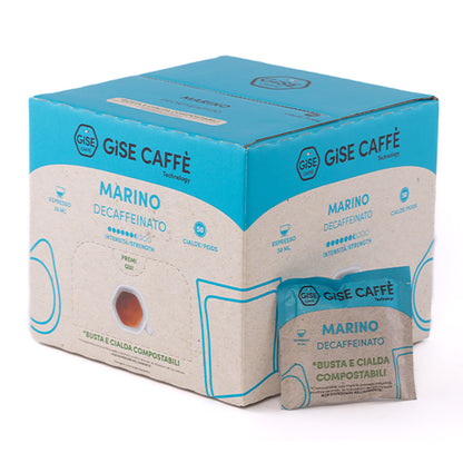 Scatola dispenser da 50 cialde compostabili ESE 44 Gisé Caffè miscela Marino Decaffeinato con singola bustina.