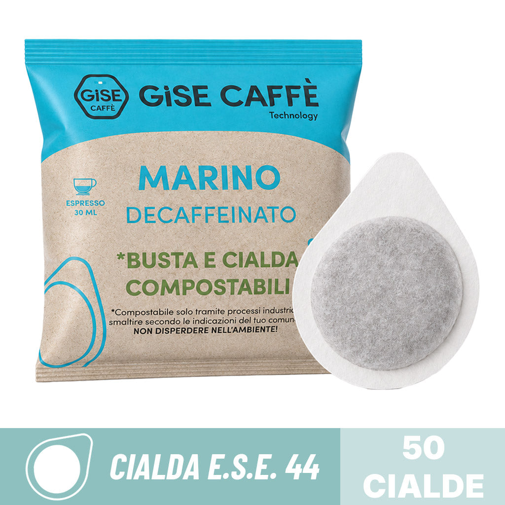 Cialde compostabili ESE 44 Gisé Caffè miscela Marino Decaffeinato: dettaglio bustina singola e cialda in filtro carta.