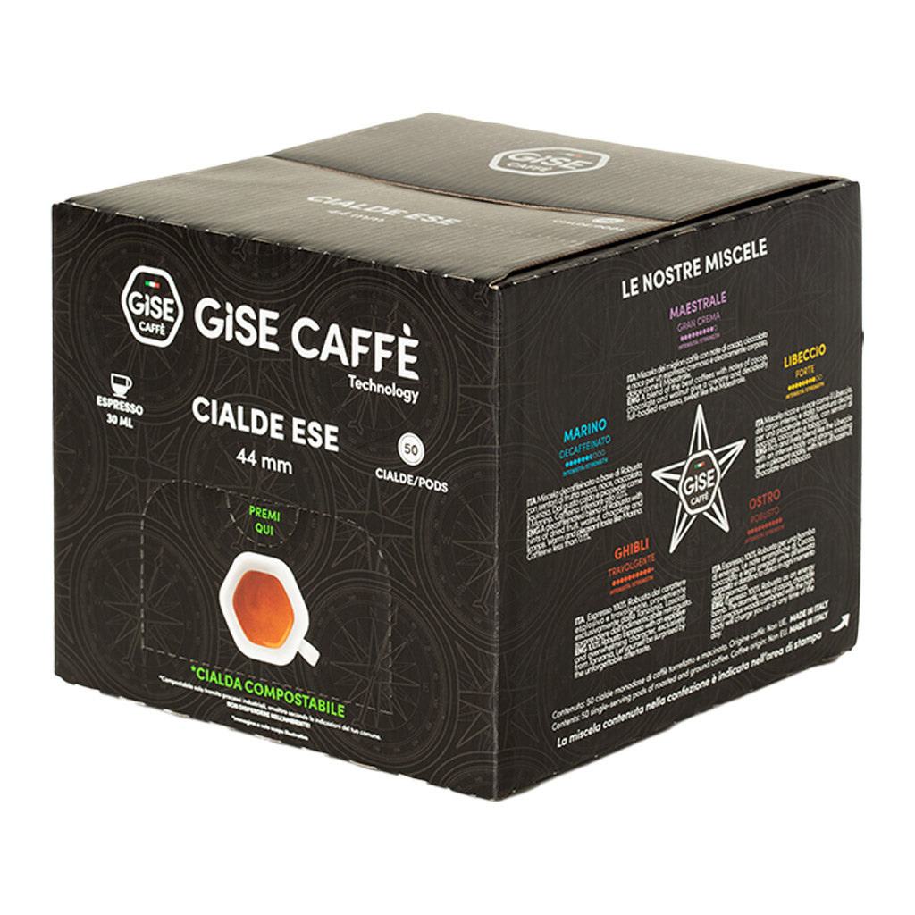 Scatola dispenser da 50 cialde compostabili ESE 44 Gisé Caffè miscela Ghibli Travolgente.