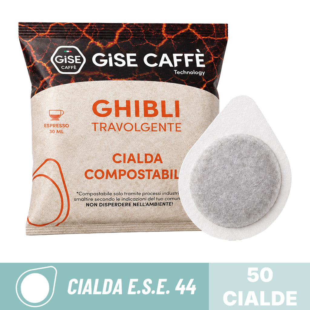 Cialde compostabili ESE 44 Gisé Caffè miscela Ghibli Travolgente: dettaglio bustina singola e cialda in filtro carta.