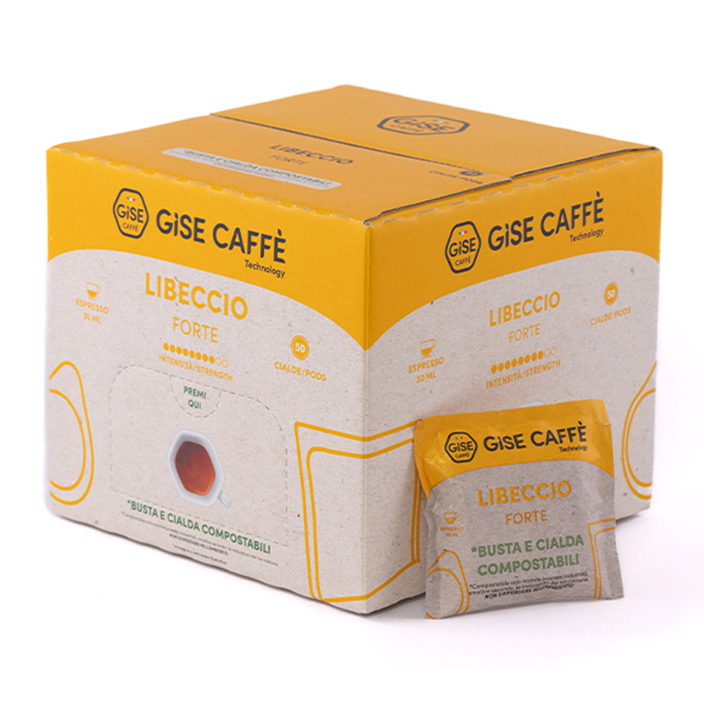 Scatola dispenser da 50 cialde compostabili ESE 44 Gisé Caffè miscela Libeccio Forte con singola bustina.