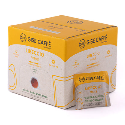 Scatola dispenser da 50 cialde compostabili ESE 44 Gisé Caffè miscela Libeccio Forte con singola bustina.