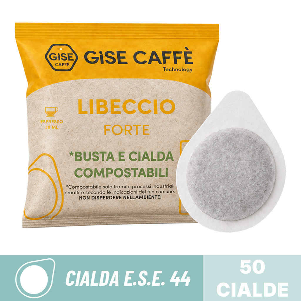Cialde compostabili ESE 44 Gisé Caffè miscela Libeccio Forte: dettaglio bustina singola e cialda in filtro carta.
