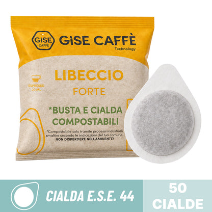 Cialde compostabili ESE 44 Gisé Caffè miscela Libeccio Forte: dettaglio bustina singola e cialda in filtro carta.