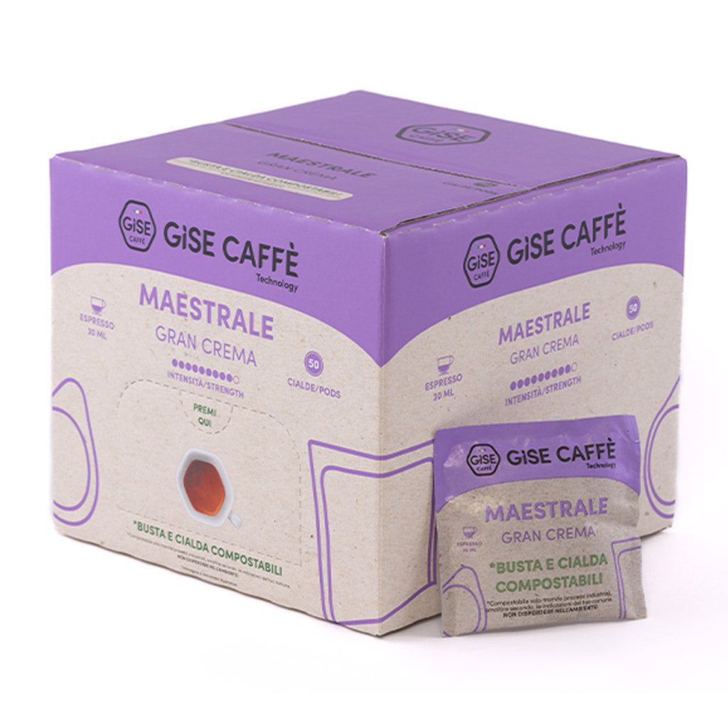 Scatola dispenser da 50 cialde compostabili ESE 44 Gisé Caffè miscela Maestrale Gran Crema con singola bustina.