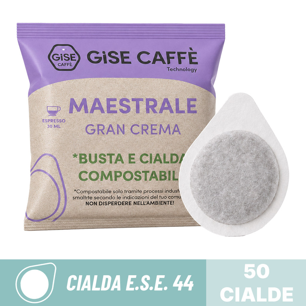 Cialde compostabili ESE 44 Gisé Caffè miscela Maestrale Gran Crema: dettaglio bustina singola e cialda in filtro carta.