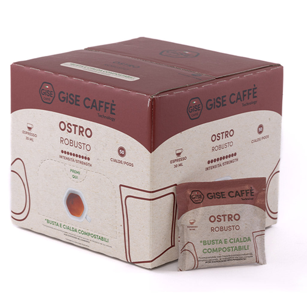 Scatola dispenser da 50 cialde compostabili ESE 44 Gisé Caffè miscela Ostro Robusto con singola bustina.