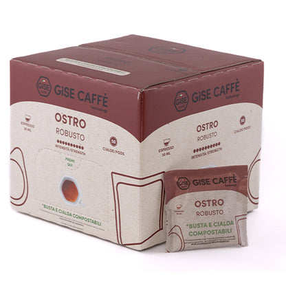Scatola dispenser da 50 cialde compostabili ESE 44 Gisé Caffè miscela Ostro Robusto con singola bustina.