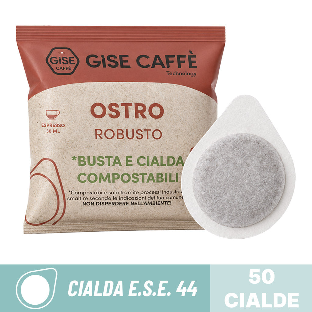Cialde compostabili ESE 44 Gisé Caffè miscela Ostro Robusto: dettaglio bustina singola e cialda in filtro carta.