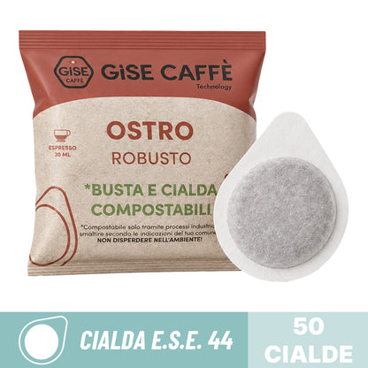 Cialde compostabili ESE 44 Gisé Caffè miscela Ostro Robusto: dettaglio bustina singola e cialda in filtro carta.