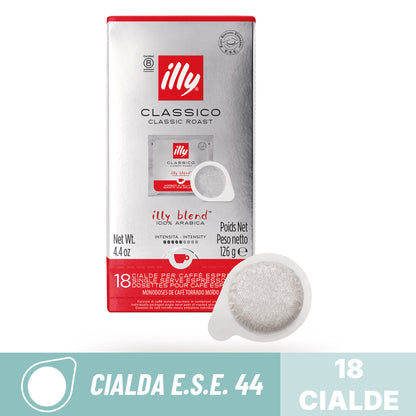 Cialde compostabili ESE 44 Caffè Illy Classico Classic Roast: confezione da 18 cialde filtro carta 100% Arabica.