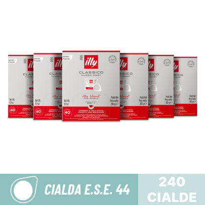 Bundle scorta da 240 cialde compostabili ESE 44 Caffè Illy Classico Classic Roast: 6 confezioni Maxi Pack da 40 pezzi.