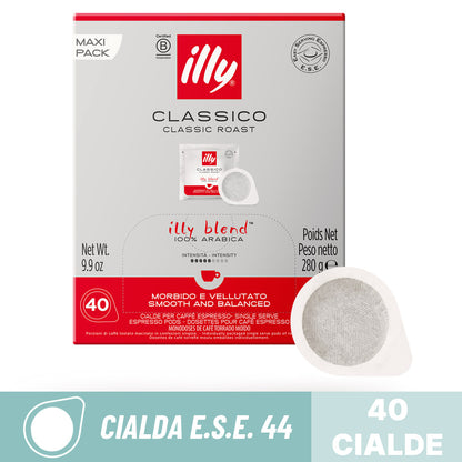 Cialde compostabili ESE 44 Caffè Illy Classico Classic Roast: confezione Maxi Pack da 40 cialde filtro carta.