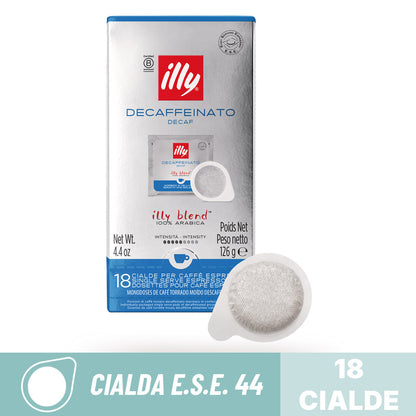 Cialde compostabili ESE 44 Caffè Illy Decaffeinato Decaf: confezione da 18 cialde filtro carta 100% Arabica.