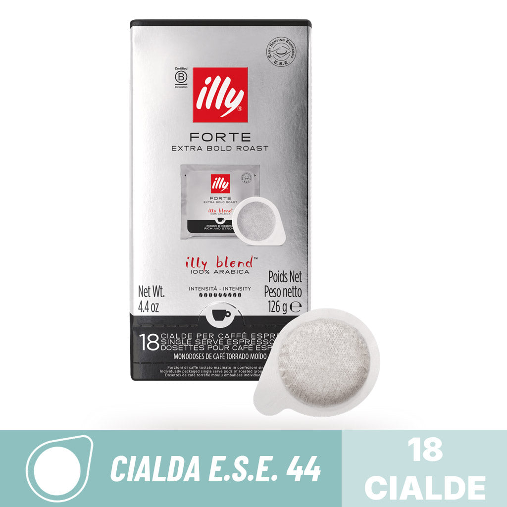 Cialde compostabili ESE 44 Caffè Illy Forte Extra Bold Roast: confezione da 18 cialde filtro carta 100% Arabica.