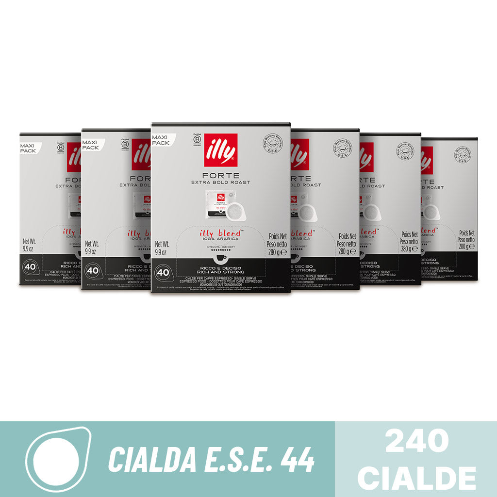 Bundle scorta da 240 cialde compostabili ESE 44 Caffè Illy Forte Extra Bold Roast: 6 confezioni Maxi Pack da 40 pezzi.