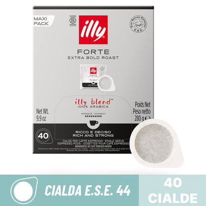 Cialde compostabili ESE 44 Caffè Illy Forte Extra Bold Roast: confezione Maxi Pack da 40 cialde filtro carta.