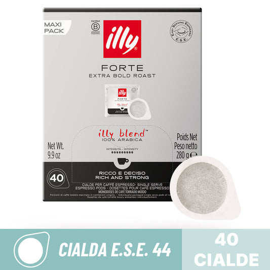 Cialde compostabili ESE 44 Caffè Illy Forte Extra Bold Roast: confezione Maxi Pack da 40 cialde filtro carta.