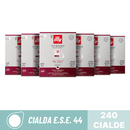 Bundle scorta da 240 cialde compostabili ESE 44 Caffè Illy Intenso Bold Roast: 6 confezioni Maxi Pack da 40 pezzi.