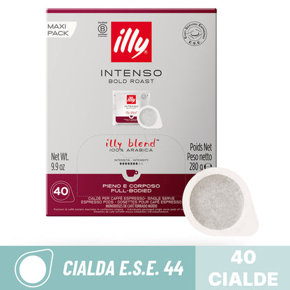 Cialde compostabili ESE 44 Caffè Illy Intenso Bold Roast: confezione Maxi Pack da 40 cialde filtro carta.