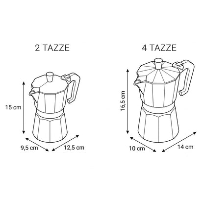 Schema grafico con le dimensioni della Moka Bialetti Fiammetta Induction: il modello da 2 tazze misura 15 cm in altezza, 9,5 cm di base e 12,5 cm di larghezza massima; il modello da 4 tazze misura 16,5 cm in altezza, 10 cm di base e 14 cm di larghezza massima.