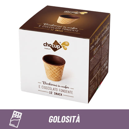 Scatola esterna Chocup Medium: confezione da 12 bicchierini in wafer ricoperti di cioccolato fondente da 60 ml.