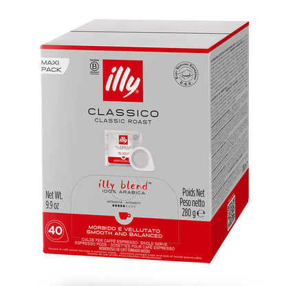 Scatola Maxi Pack cialde compostabili ESE 44 Caffè Illy Classico Classic Roast: confezione da 40 pezzi 100% Arabica.