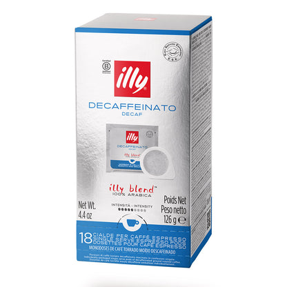 Scatola cialde compostabili ESE 44 Caffè Illy Decaffeinato Decaf: confezione da 18 pezzi 100% Arabica.