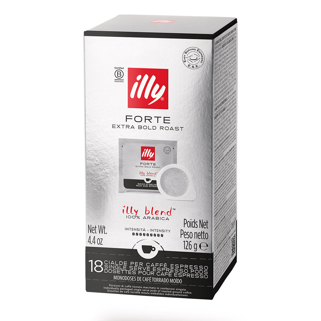 Scatola cialde compostabili ESE 44 Caffè Illy Forte Extra Bold Roast: confezione da 18 pezzi 100% Arabica.