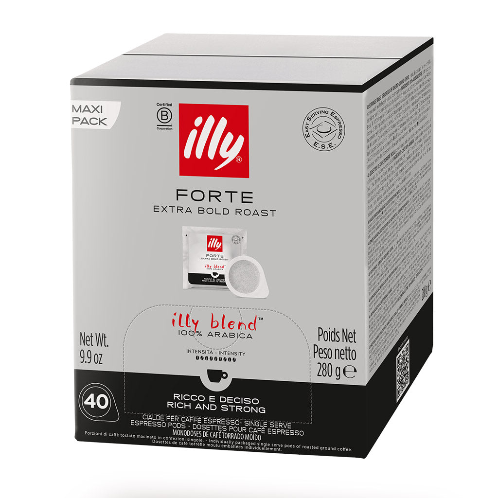 Scatola Maxi Pack cialde compostabili ESE 44 Caffè Illy Forte Extra Bold Roast: confezione da 40 pezzi 100% Arabica.