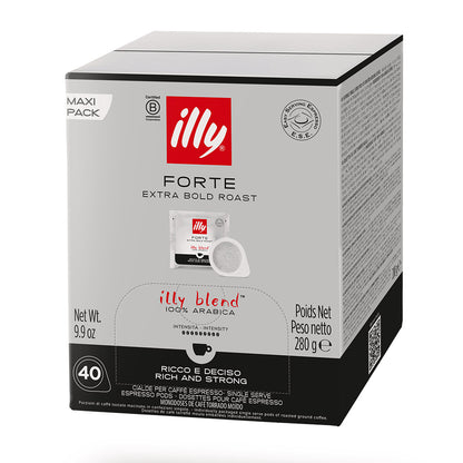 Scatola Maxi Pack cialde compostabili ESE 44 Caffè Illy Forte Extra Bold Roast: confezione da 40 pezzi 100% Arabica.