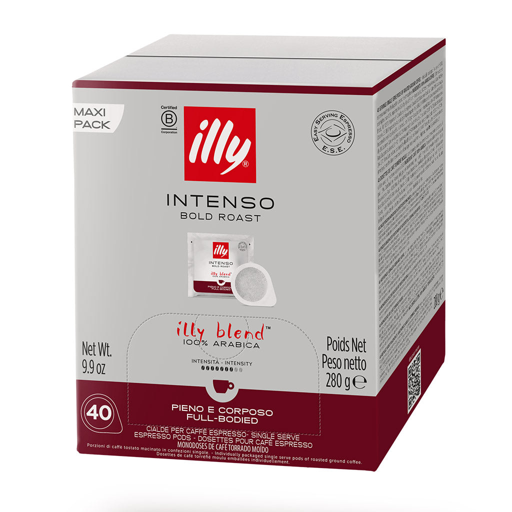 Scatola Maxi Pack cialde compostabili ESE 44 Caffè Illy Intenso Bold Roast: confezione da 40 pezzi 100% Arabica.