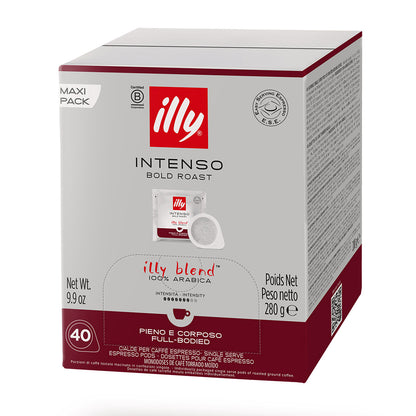 Scatola Maxi Pack cialde compostabili ESE 44 Caffè Illy Intenso Bold Roast: confezione da 40 pezzi 100% Arabica.