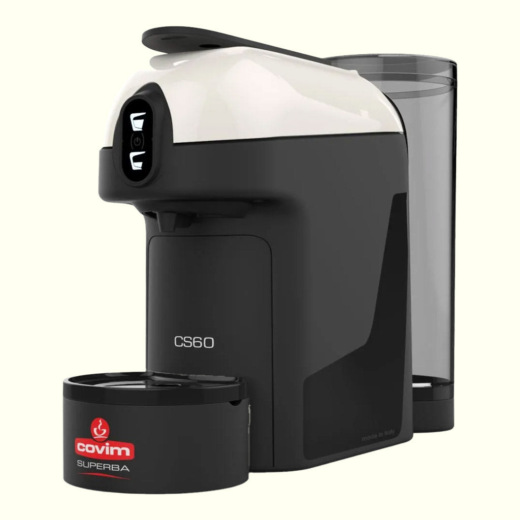 Macchina da caffè espresso Covim Superba modello CS60 avorio con serbatoio acqua trasparente.