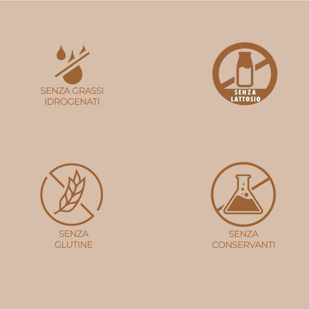 Caratteristiche nutrizionali crema caffè Gimoka: icone senza grassi idrogenati, senza lattosio, senza glutine e senza conservanti.